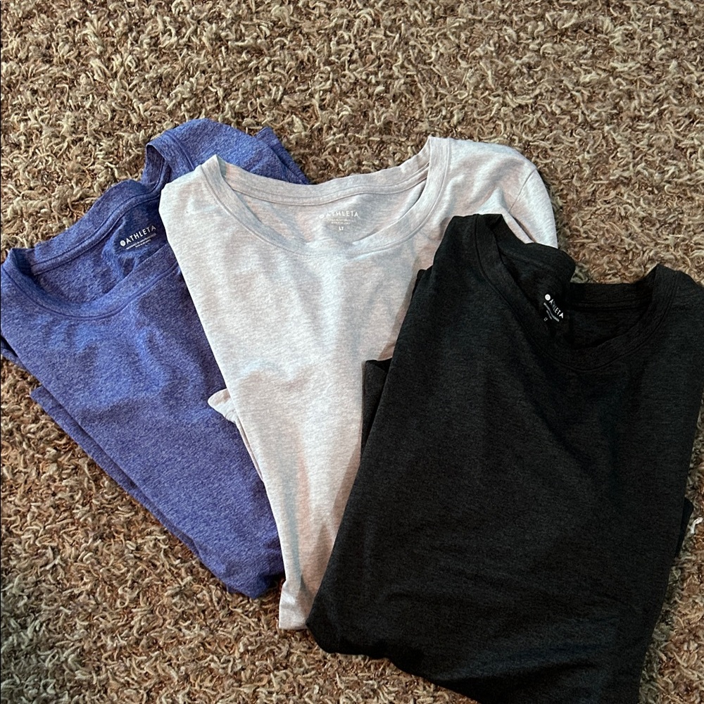 Lot of Three Athleta Uptempo L/S Crew in Heathered Blue, Gray, and Black